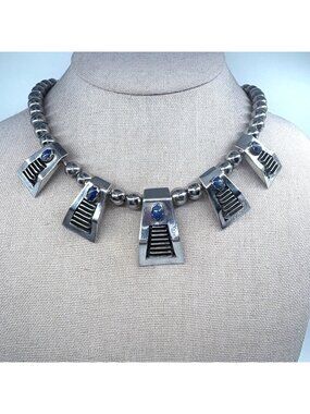Sterling Silver 925 Navajo Lapis Ribbed Geometric Design Necklace 18" Length